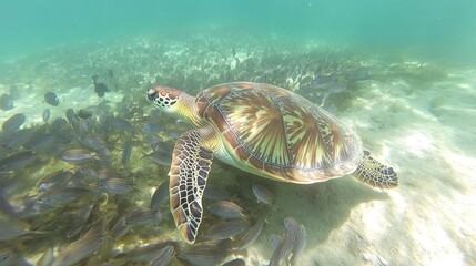 Obraz premium Sea Turtle Feeding Underwater, Coral Reef