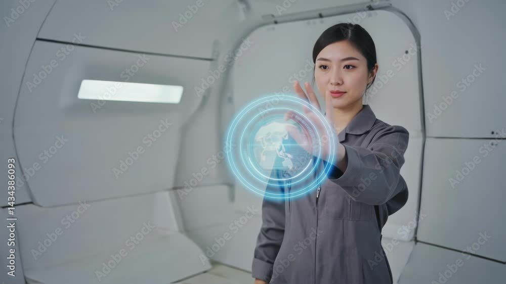 Poster asian female engineer wearing a gray uniform is interacting with a futuristic circular touchscreen i