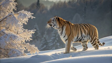 Fototapeta premium Tiger Walk, Snow Scene, Winter landscape, Tiger , Snow, Frozen Tree, Majestic tiger striding in snowy landscape with hoar frost