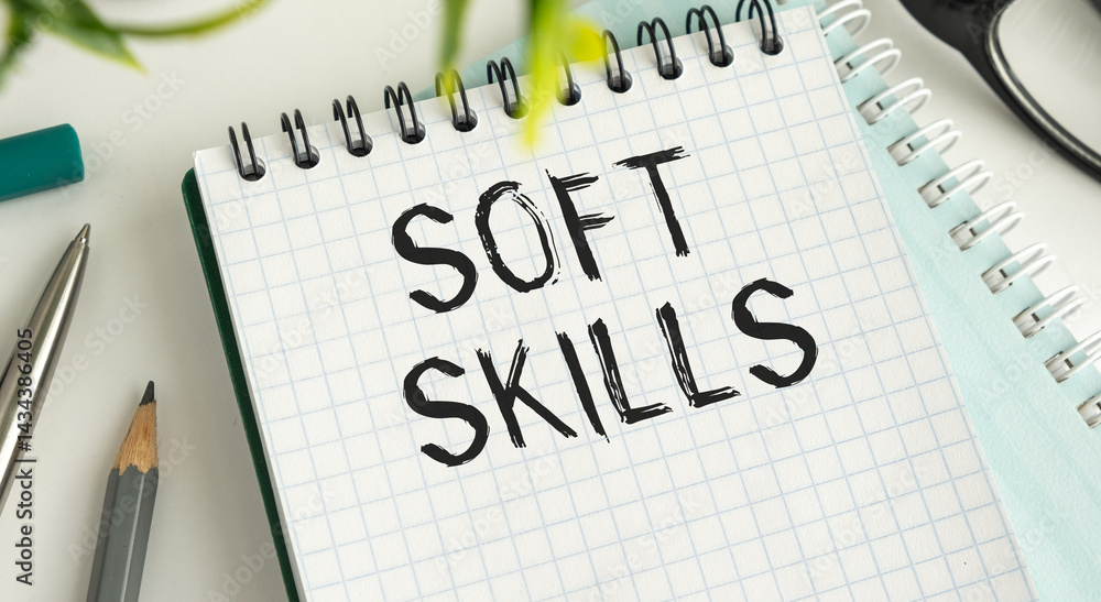 Poster a spiral notebook with the word soft skills written on it