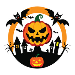 Haunted Halloween Scene with Bats, Pumpkin, and Spooky Mansion at Night