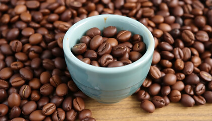 Fototapeta premium Roasted Coffee Beans in Teal Cup on Wooden Surface