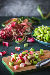 Peeled and sliced rhubarb, preparation for cooking or baking