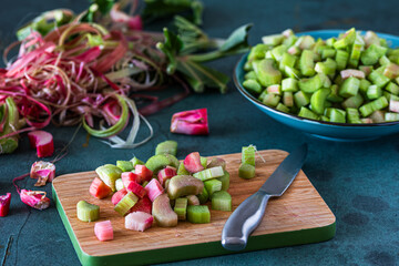 Peeled and sliced rhubarb, preparation for cooking or baking
