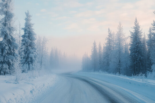 Snowy winter road through forest with frosty trees and morning mist