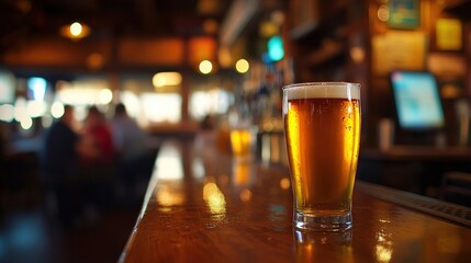 A refreshing glass of beer sits on the bar top in a warm and inviting pub atmosphere. Enjoy this moment of relaxation and cheer.
