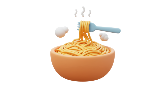 Isolated Bowl of Noodles with Fork Cartoon Style, Comfort Food