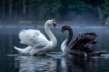Fototapeta premium Graceful Swans Interacting on Calm Water with Misty Background 