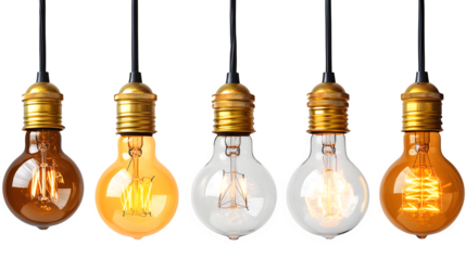 Hanging yellow light bulbs in various brightness levels, isolated on white background
