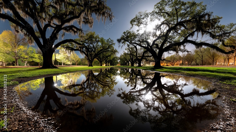 Poster long trees line a path reflecting in a pool. night scene with a moon visible