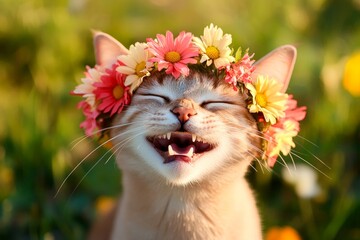 Sunny days happiness. Cute adult cat burmese wearing untamed flower circlet on its head. Soft daylight. Cat in nature with blossoms. Cat with flower wreath. Cat with bright summer energy.