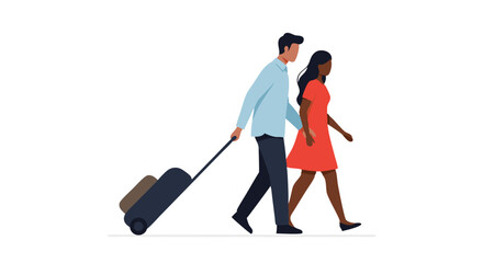 Couple traveling together with luggage on a white background  
