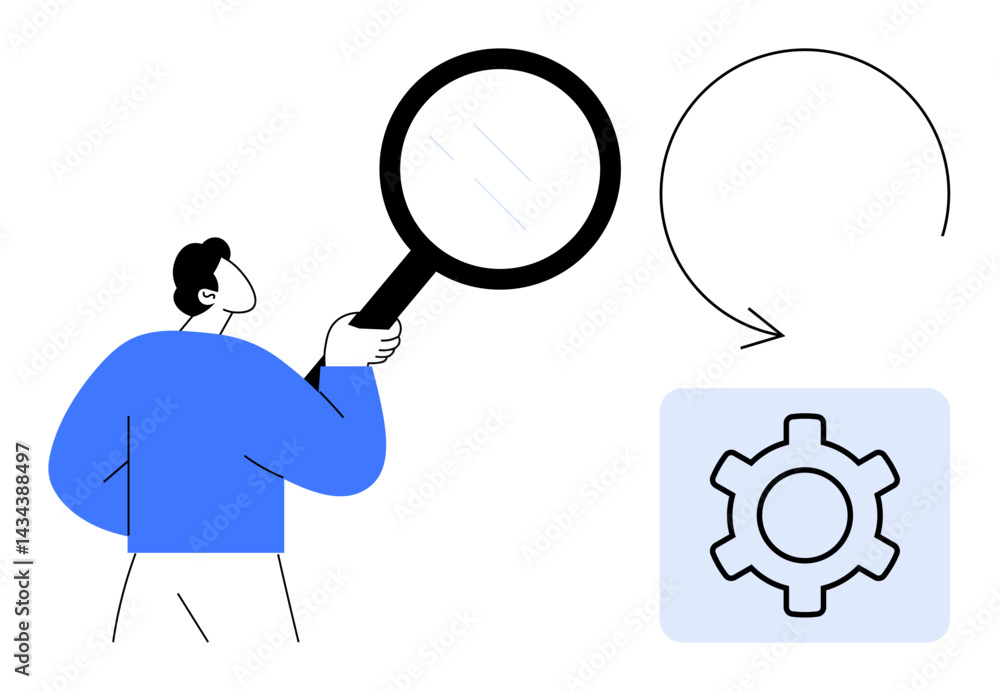 Poster person holding magnifying glass for problem-solving and analysis. circular arrow implies process flo