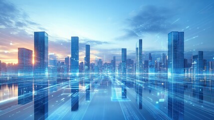 Futuristic Cityscape with Digital Pathways