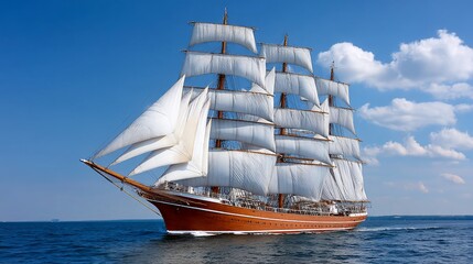 Majestic three-masted sailing ship at sea under a bright blue sky