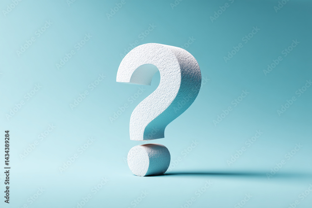 Poster white textured question mark on light-blue background, symbolizing inquiry, uncertainty, or problem-