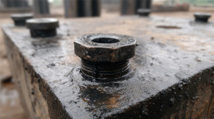 Rusty bolt on metal surface, showcasing industrial design and texture, evokes sense of durability and strength