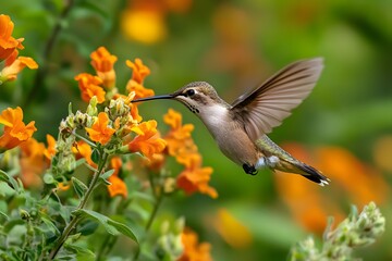 Fototapeta premium Tiny Hummingbird Hovering Over Blossom