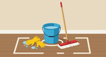 Mockup of cleaning supplies arranged on floor with a bucket, mop, and pair of yellow gloves, for spring cleaning graphic design resources