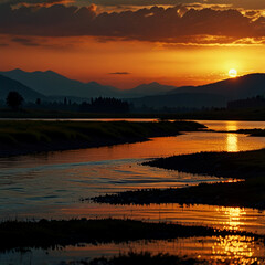Serene Sunset Over Mountain River