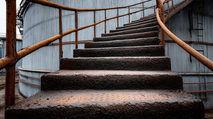 Closeup image of industrial staircases spiraling upwards, showcasing textured concrete steps and rusted railings