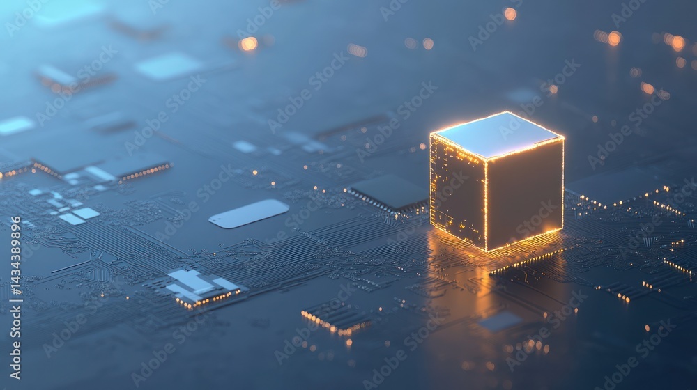 Poster glowing cube on circuit board with city lights for technology background