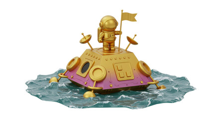 Isolated Astronaut with Flag on Lunar Lander amidst Ocean Waves © Daniel