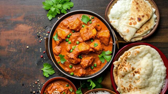Enjoy a delicious Indian food feast featuring chicken tikka masala, naan bread, basmati rice, and rich curry on a wooden table, perfect for gatherings or special occasions