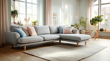 Light gray sectional couch with blush and teal accent pillows in a modern living room.