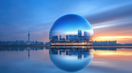 Modern Cityscape Reflected in a Giant Sphere