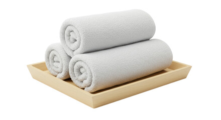 Isolated Rolled Towels on Wooden Tray