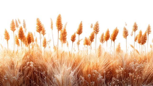 Horizontal wheat ears with sharp detail and natural golden color isolated on white background
