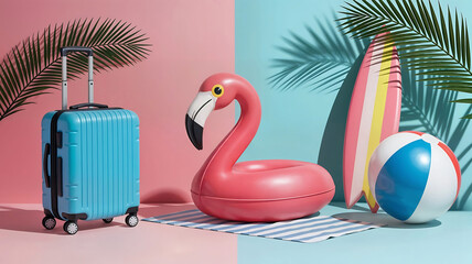 Bouée flamant rose sur une serviette de plage, valise de vacances, ballon de plage, planche de surf, vacances d'été sur un fond pastel coloré