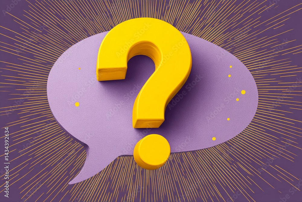 Poster 3d yellow question mark on purple speech bubble background with golden rays, symbolizing inquiry, qu