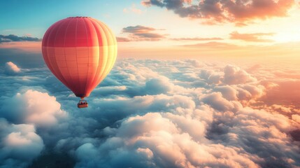 Naklejka premium Hot Air Balloon Floating Above Soft Clouds at Sunrise in a Colorful Sky