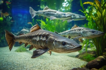 Fototapeta premium Group of sturgeon in a tank on a fish farm