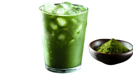 Iced matcha latte in glass cup with condensation, isolated on white background