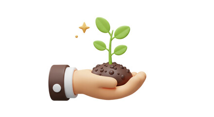 Isolated 3D Render of Hand Holding a Seedling Sprout with Glowing Star