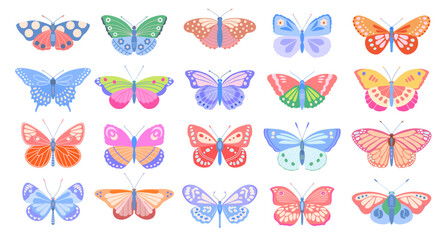 Set of stylized butterflies, moths of delicate colors of different shapes, patterns on white isolated background. Vector cute illustration for design of children's cards, wedding invitations, fabric.