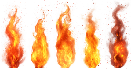 Intense fire flame effect bundle, realistic flames in motion isolated on white background
