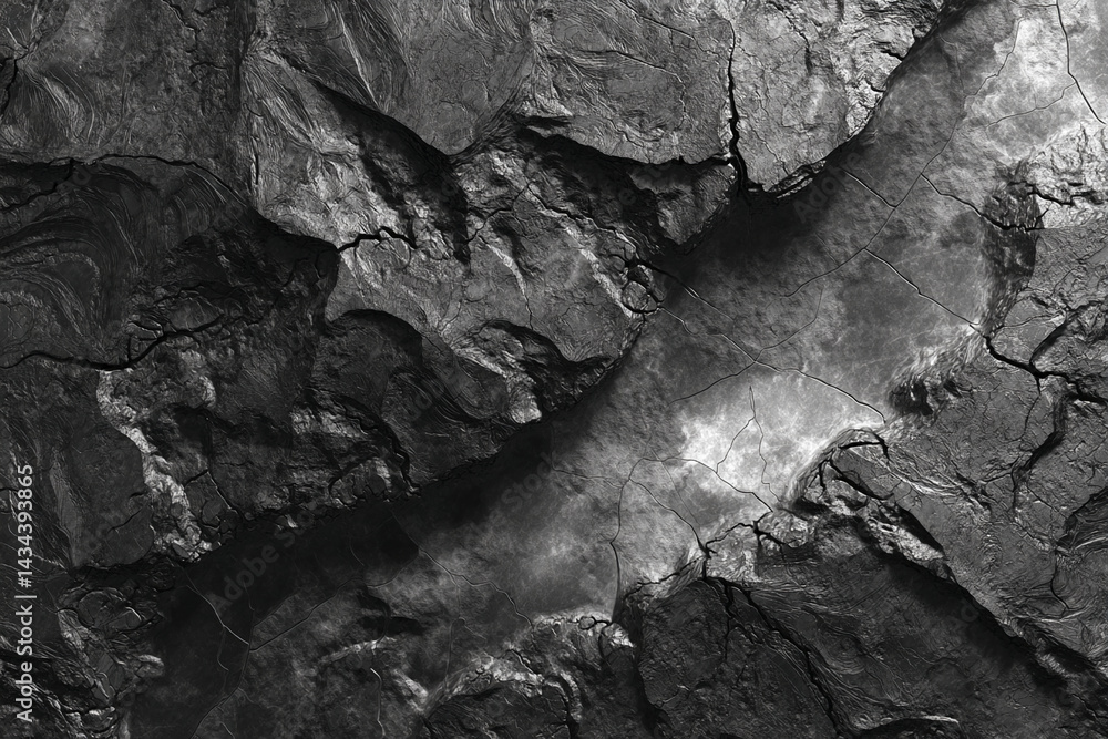 Poster dark gray stone texture, rough surface with cracks, creating a dramatic and rugged appearance symbol