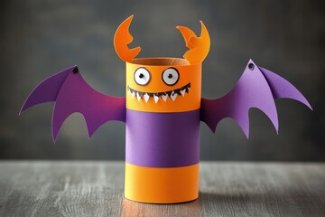 Halloween craft Create a monster using an empty toilet paper roll and colored paper Step 14 Attach arms and wings with glue