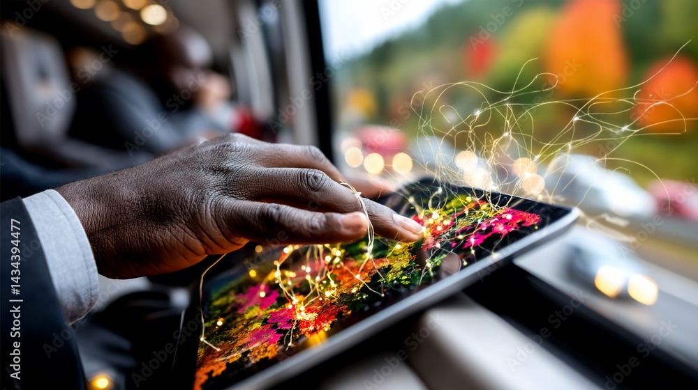 Poster person using a tablet inside a vehicle, with data visualization overlaying the map