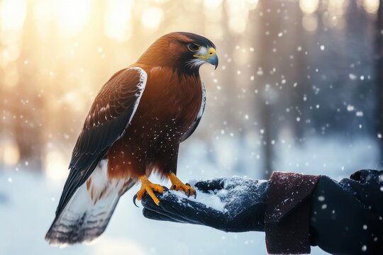 Harris hawk perched in a snowy scene - Powered by Adobe