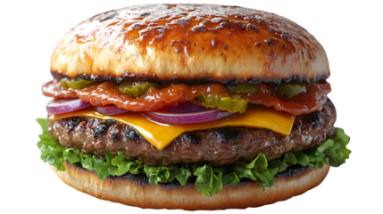 Juicy fresh hamburger with toppings isolated on white background