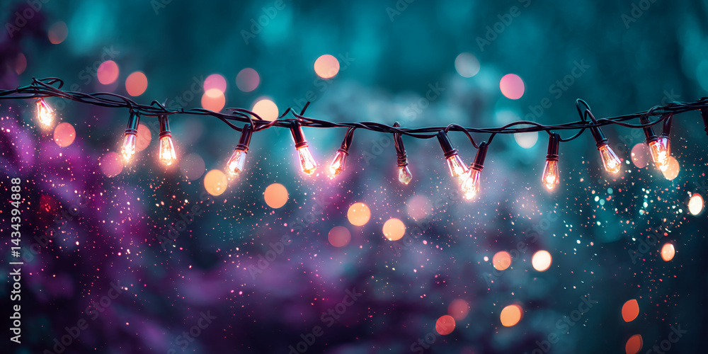 Poster string of warm-toned lights against a bokeh background, creating a festive and magical ambiance, ide