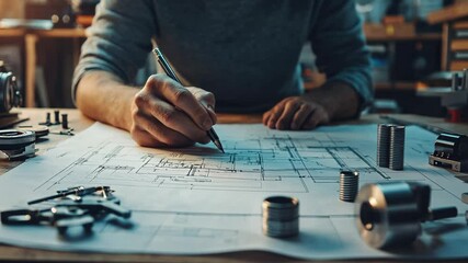 Detailed blueprint review by an engineer for precision and innovation