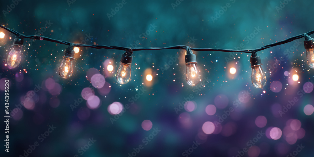Poster string of illuminated bulbs against a bokeh background, showcasing a warm and festive atmosphere, id