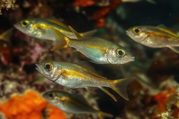 Naklejka premium Herring and Alepes vari swim in a diverse Indonesian coral reef during a dive in Raja Ampat