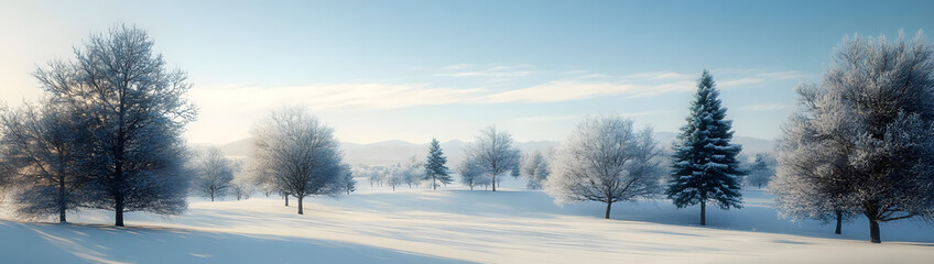A serene winter landscape featuring a blanket of fresh snow covering rolling hills, tall evergreen trees dusted with frost, and a clear blue sky, perfect for HD wallpaper enthusiasts.